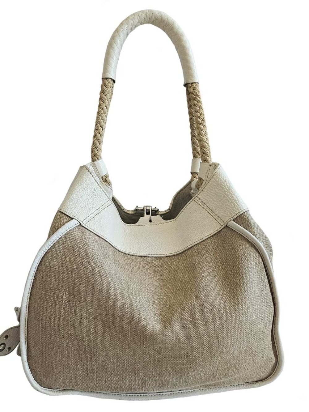 MIU MIU BEIGE FLOWER EMBELLISHMENT CANVAS TOTE BAG